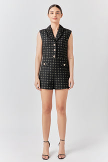 ENDLESS ROSE - Sleeveless Tweed Suited Romper - ROMPERS available at Objectrare