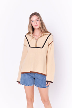 Contrast Piping Quarter-Zip Oversized Sweater