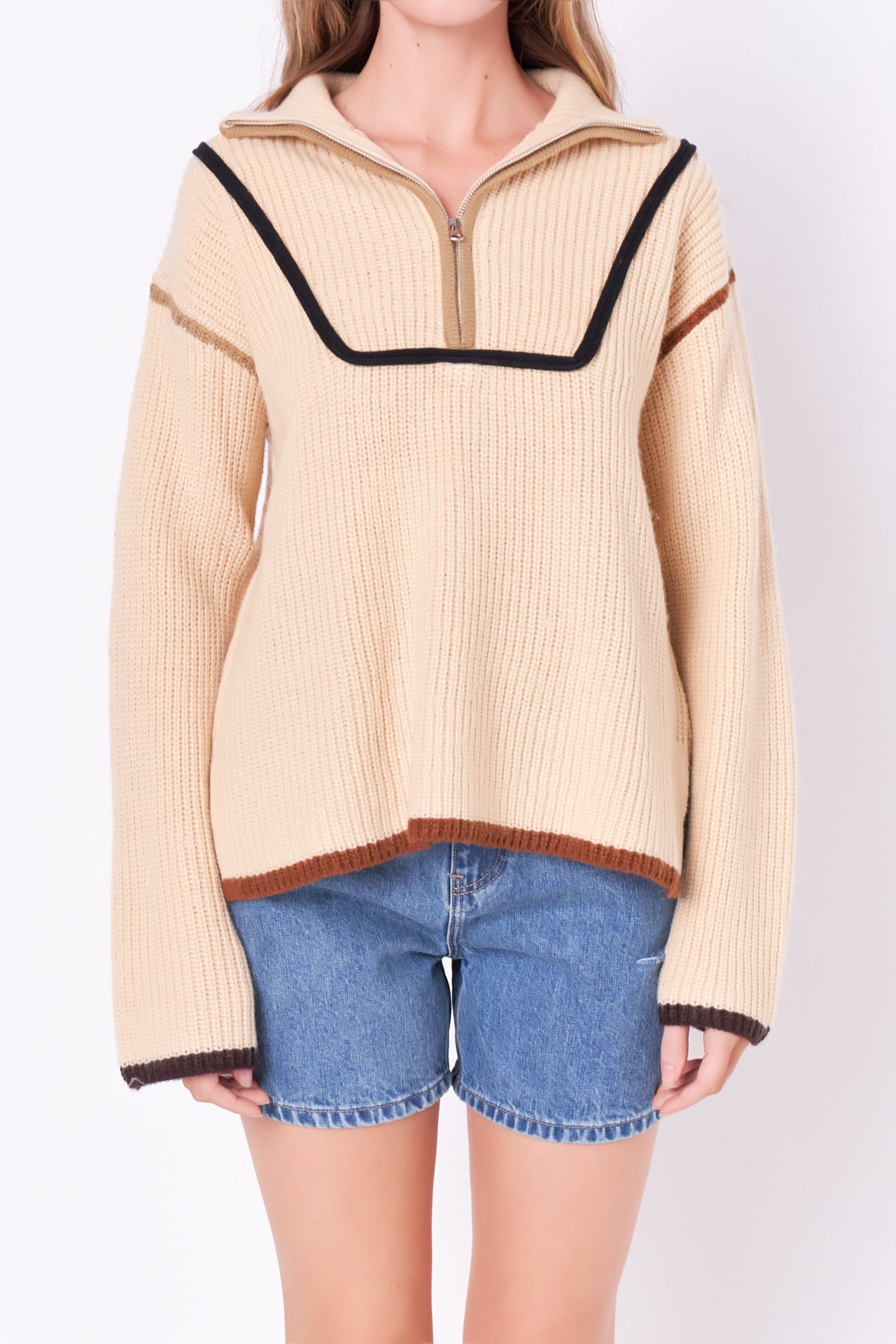 ENGLISH FACTORY - Contrast Piping Quarter-Zip Oversized Sweater - SWEATERS & KNITS available at Objectrare