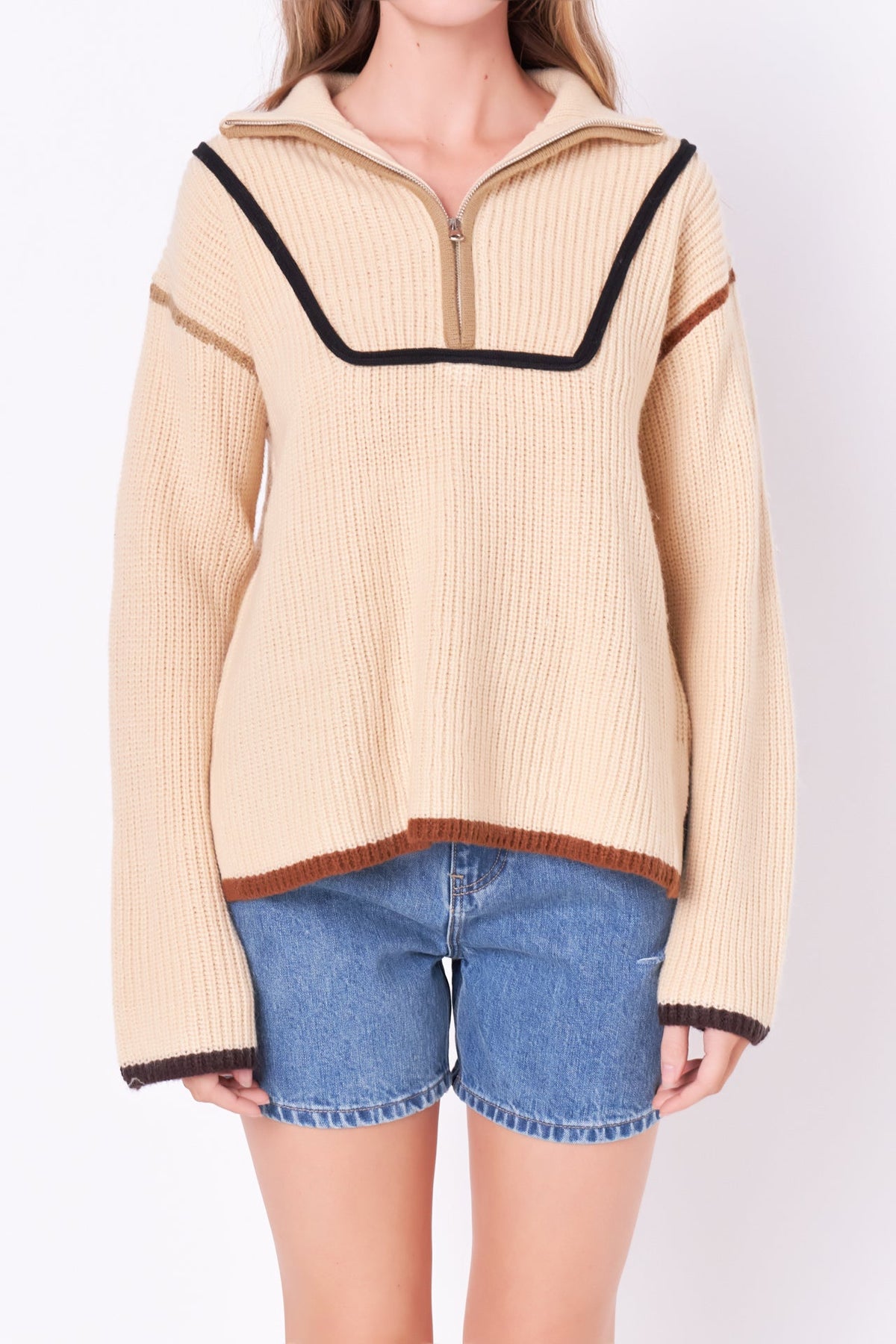 Contrast Piping Quarter-Zip Oversized Sweater