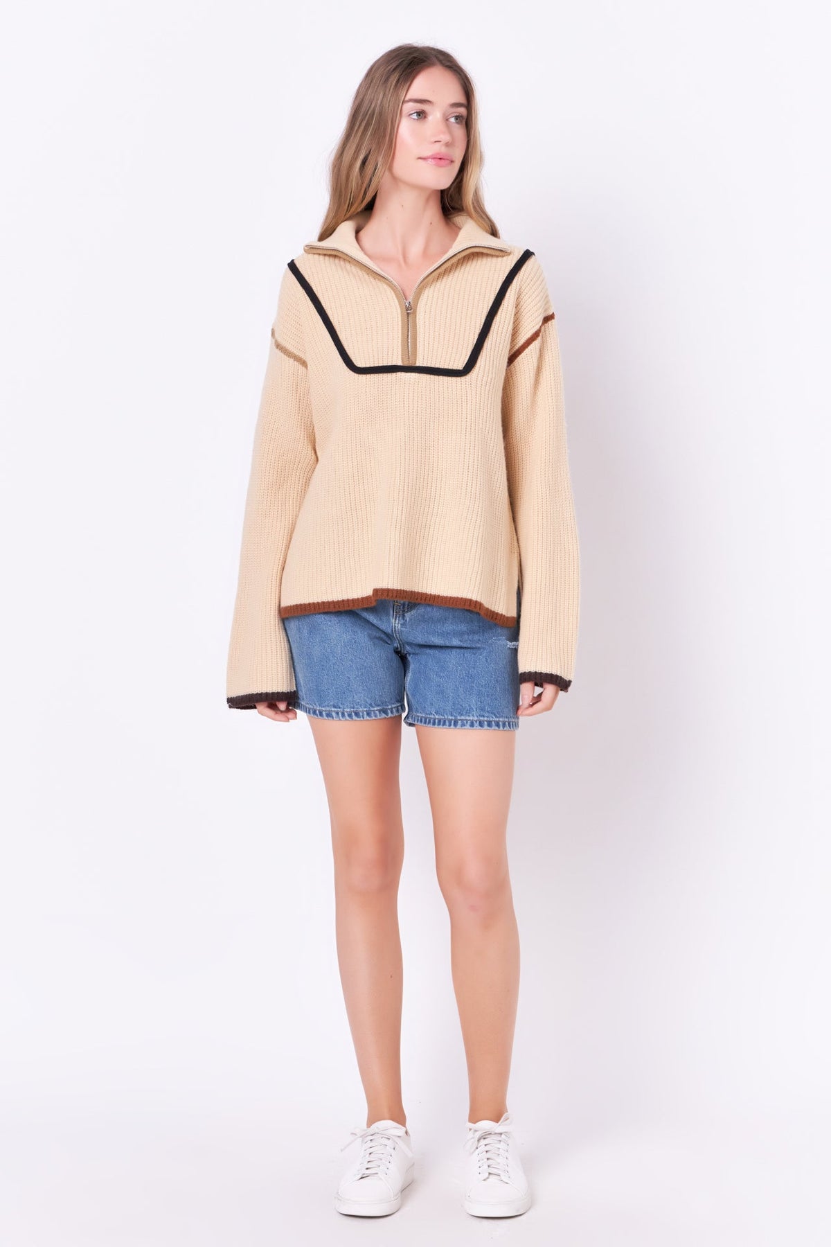 ENGLISH FACTORY - Contrast Piping Quarter-Zip Oversized Sweater - SWEATERS & KNITS available at Objectrare