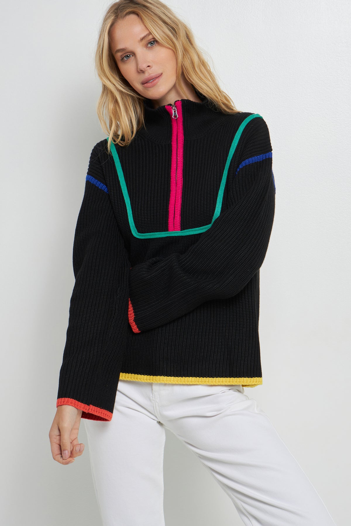 ENGLISH FACTORY - Contrast Piping Quarter-Zip Sweater - SWEATERS & KNITS available at Objectrare