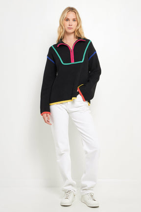 Contrast Piping Quarter-Zip Oversized Sweater