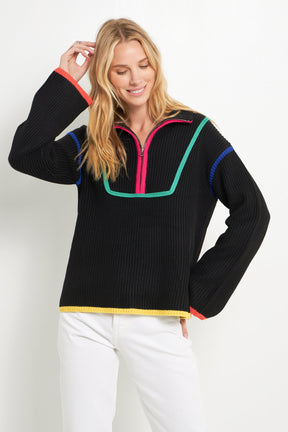 Contrast Piping Quarter-Zip Oversized Sweater