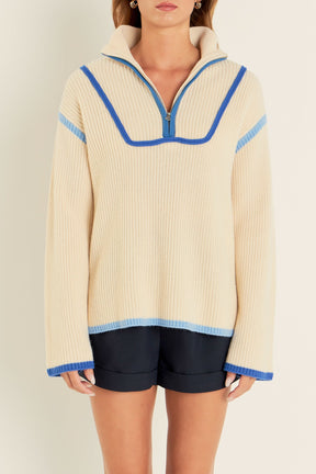 ENGLISH FACTORY - English Factory - Contrast Piping Quarter-Zip Oversized Sweater - SWEATERS & KNITS available at Objectrare