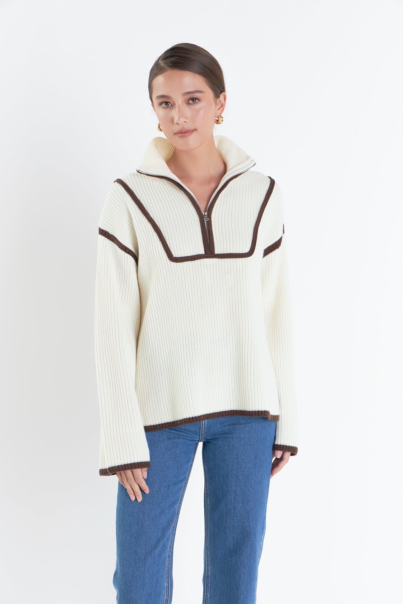 ENGLISH FACTORY - Contrast Piping Quarter-Zip Sweater - SWEATERS & KNITS available at Objectrare