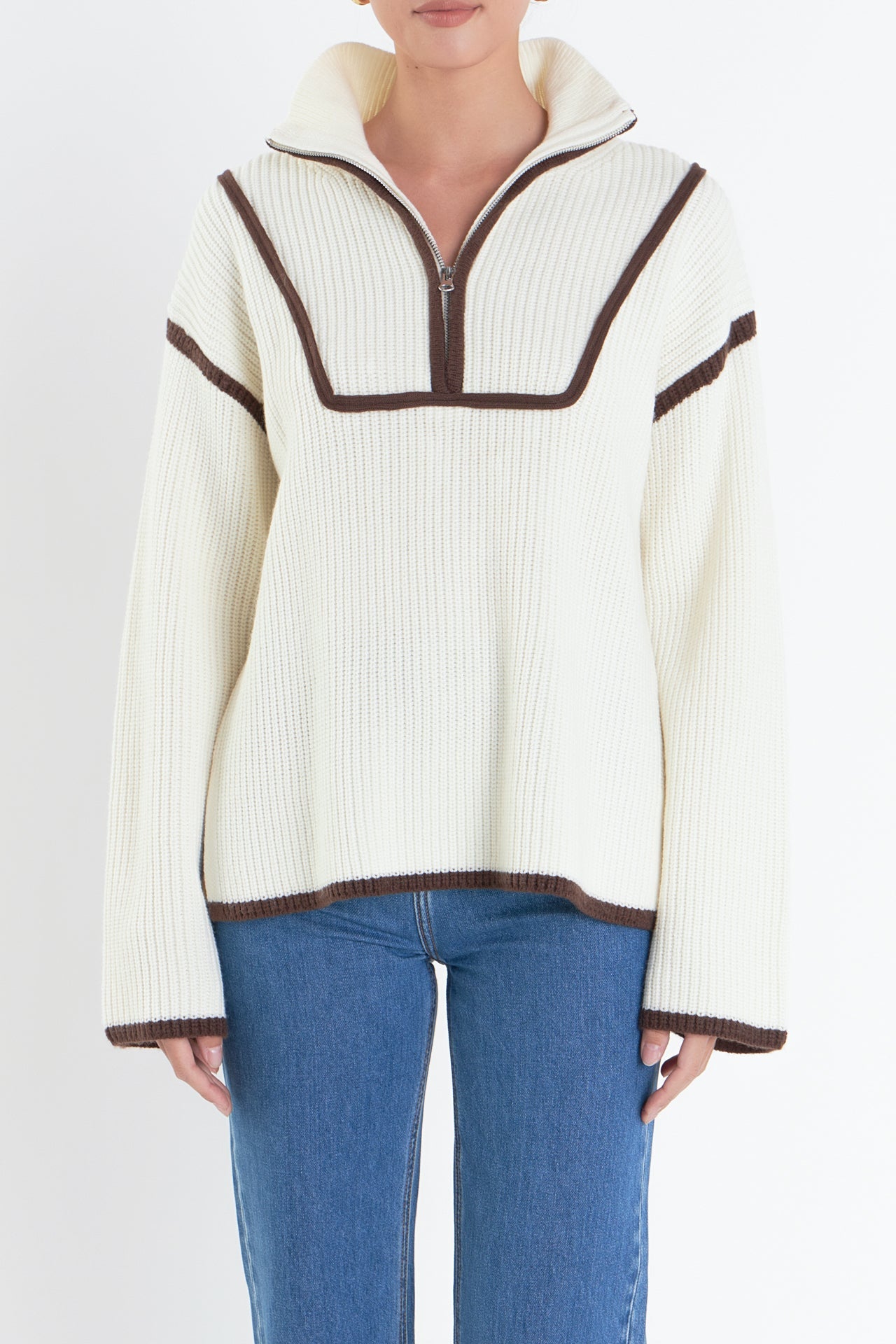 ENGLISH FACTORY - Contrast Piping Quarter-Zip Sweater - SWEATERS & KNITS available at Objectrare
