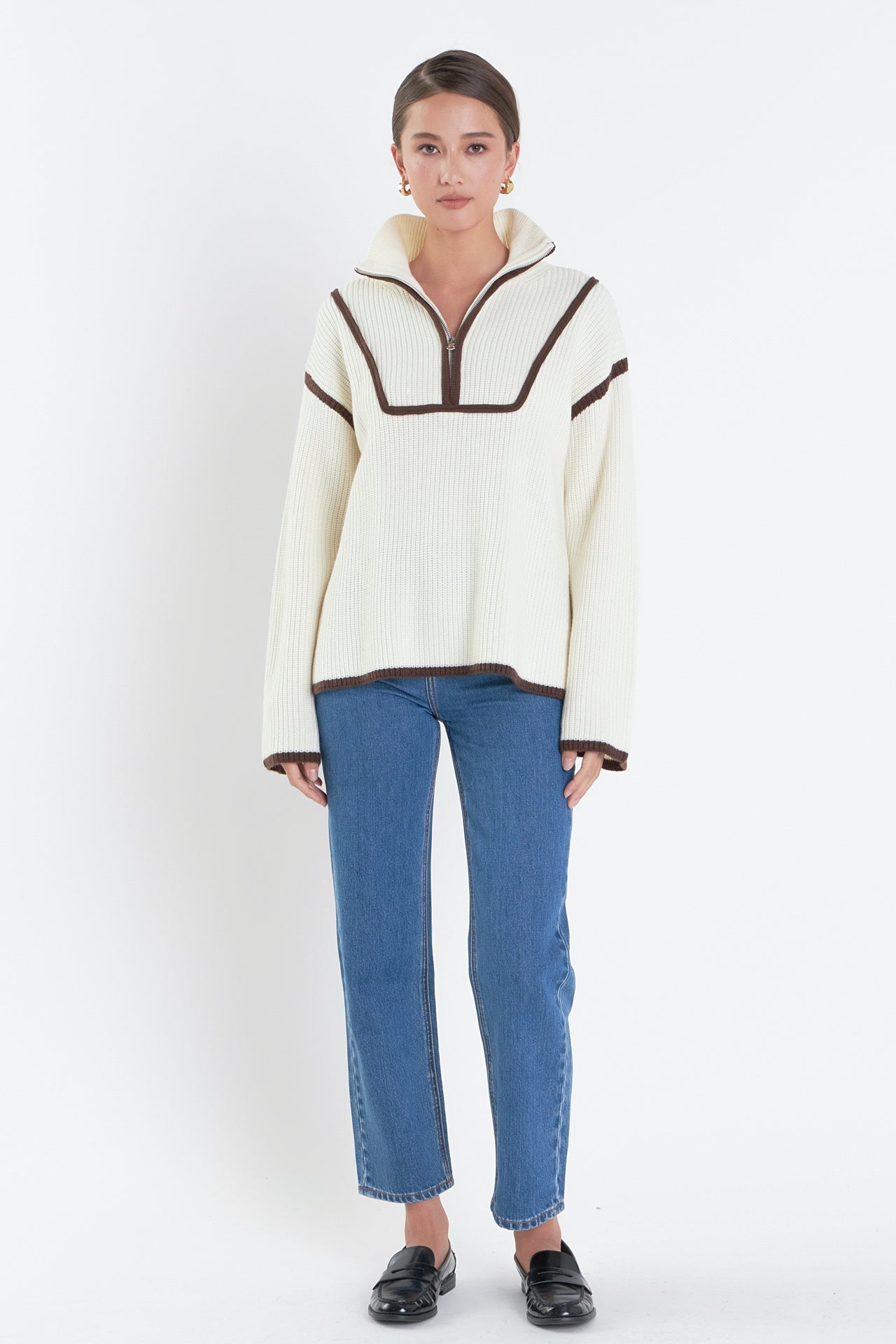 ENGLISH FACTORY - Contrast Piping Quarter-Zip Sweater - SWEATERS & KNITS available at Objectrare