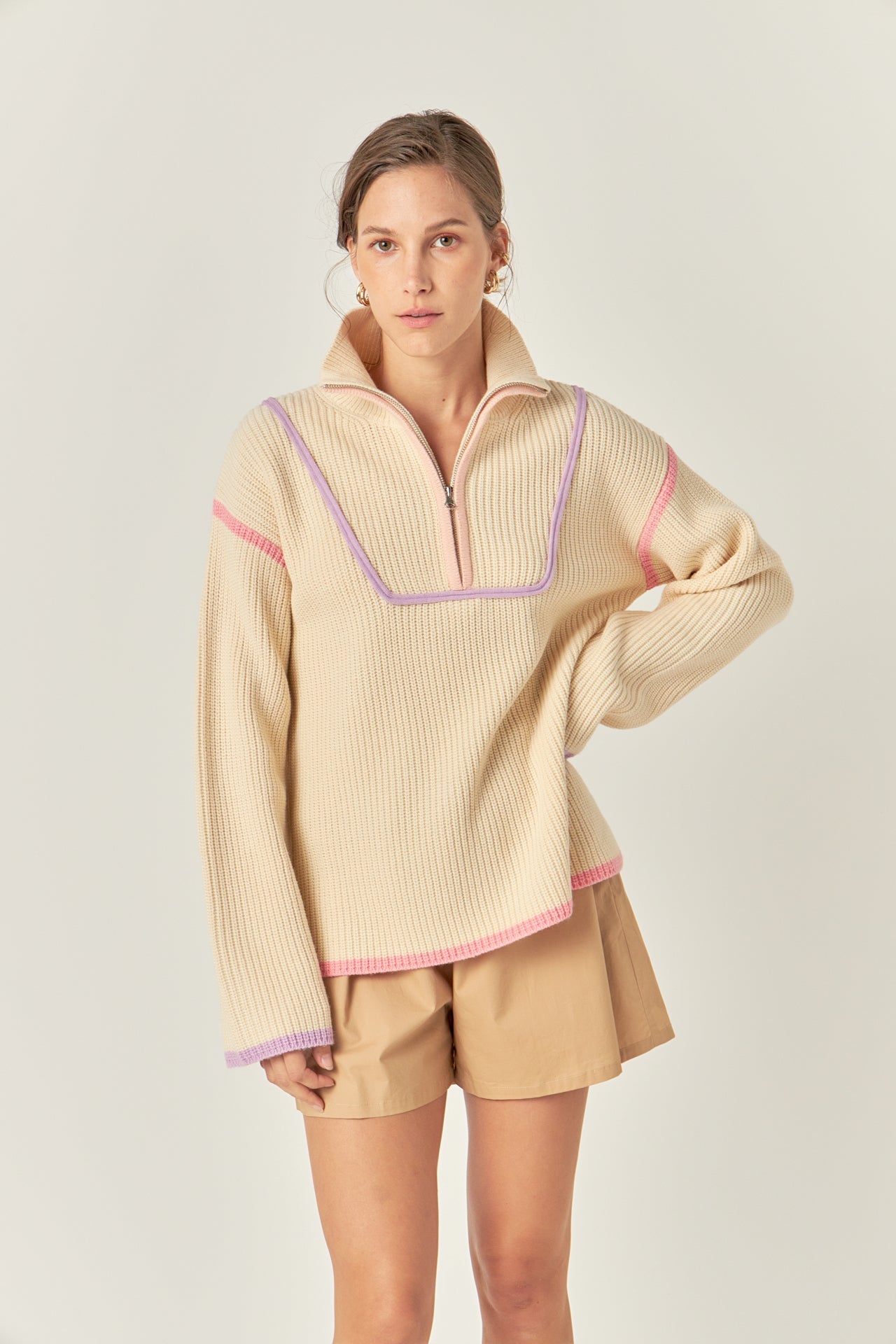 ENGLISH FACTORY - Contrast Piping Quarter-Zip Sweater - SWEATERS & KNITS available at Objectrare