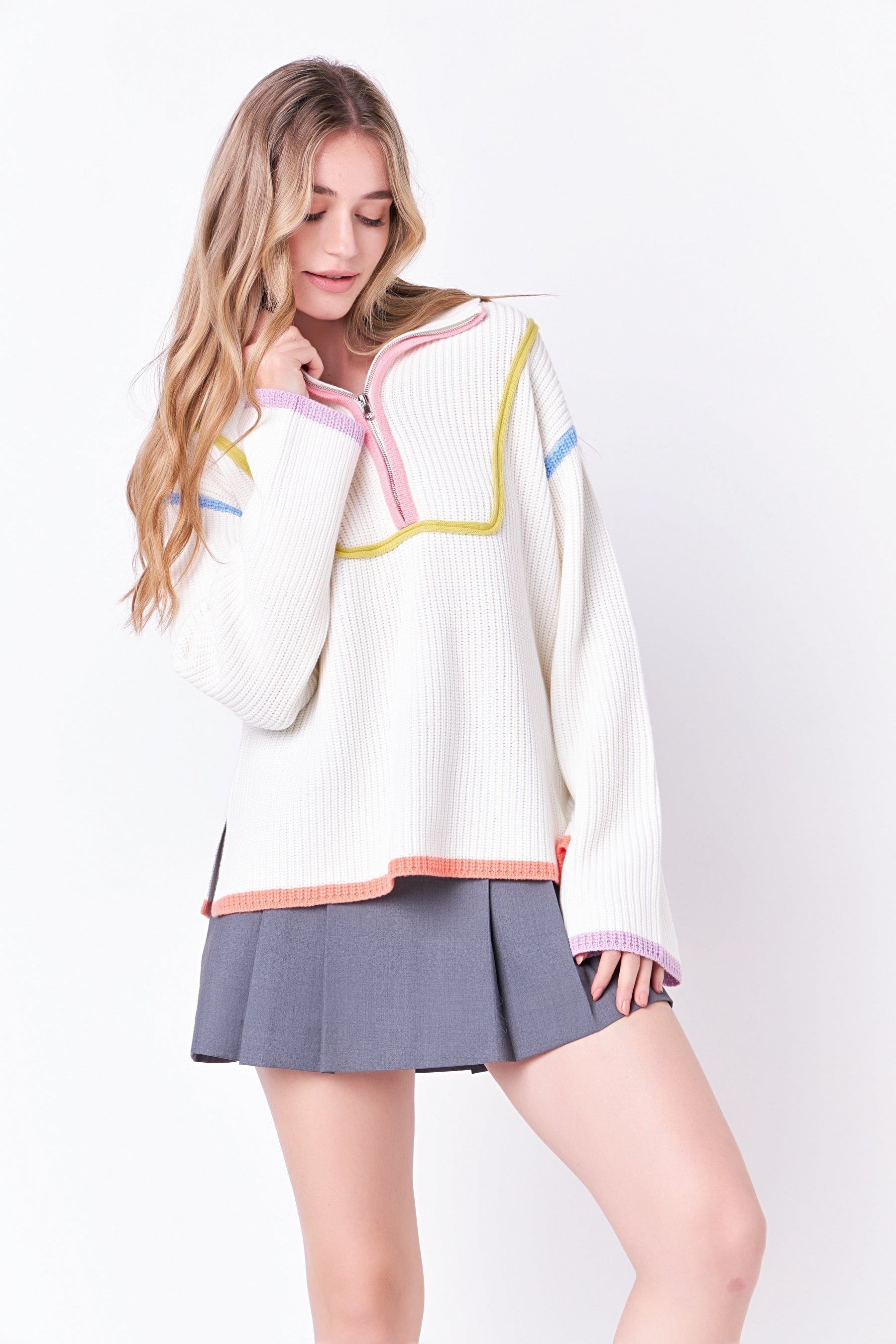 ENGLISH FACTORY - Contrast Piping Quarter-Zip Oversized Sweater - SWEATERS & KNITS available at Objectrare