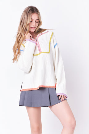 Contrast Piping Quarter-Zip Oversized Sweater