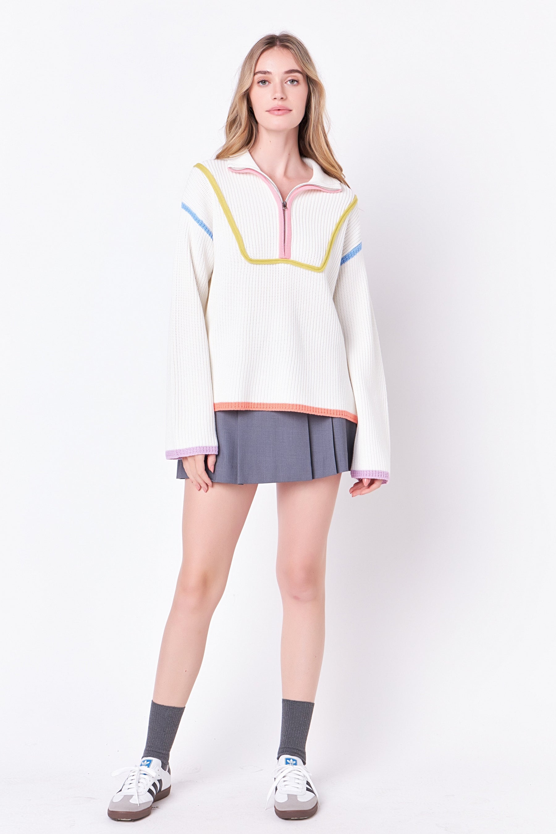 Contrast Piping Quarter-Zip Oversized Sweater