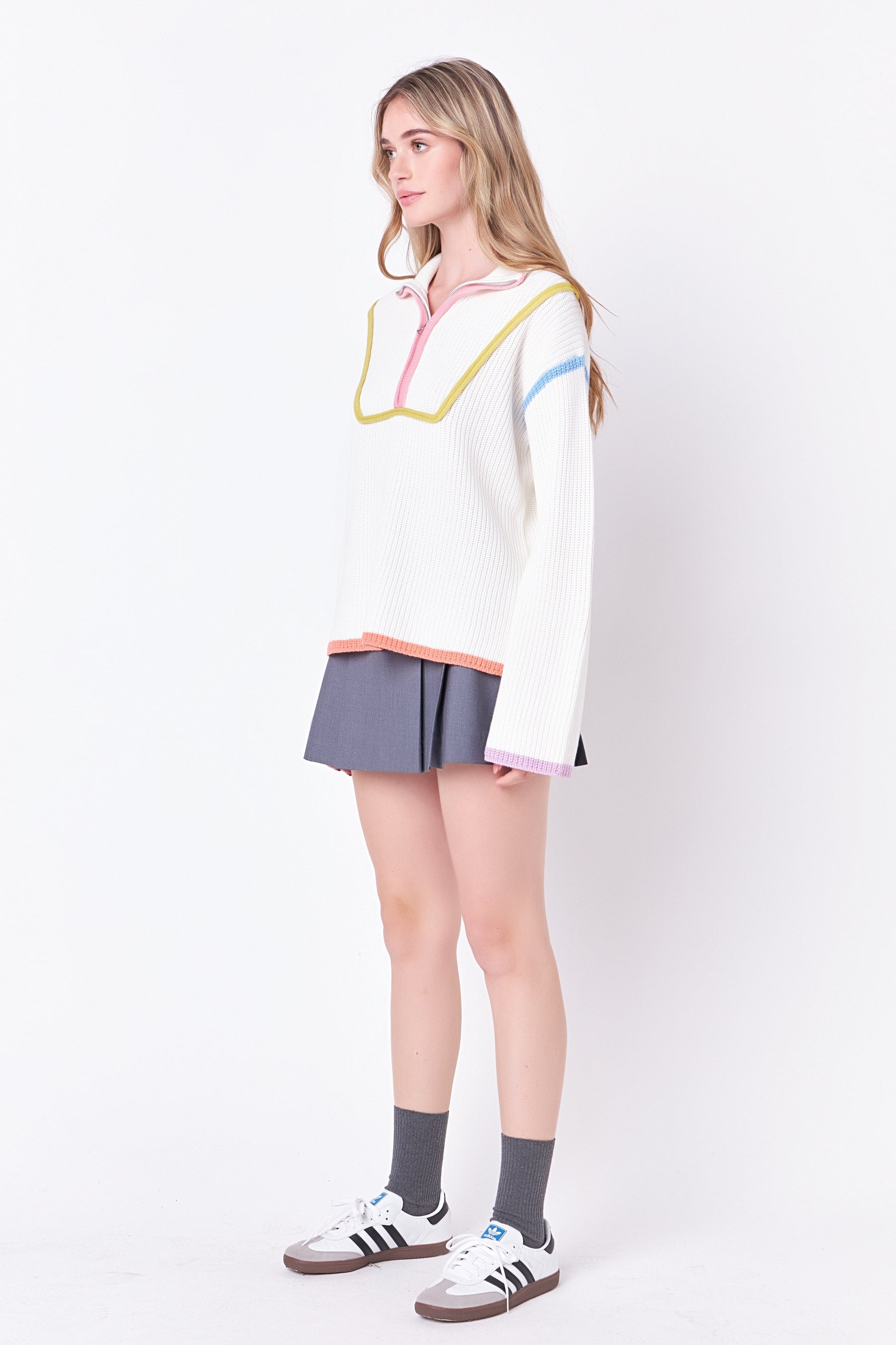 Contrast Piping Quarter-Zip Oversized Sweater