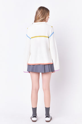 Contrast Piping Quarter-Zip Oversized Sweater