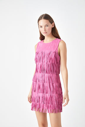 ENDLESS ROSE - Tiered Suede Fringe Mini Dress - DRESSES available at Objectrare