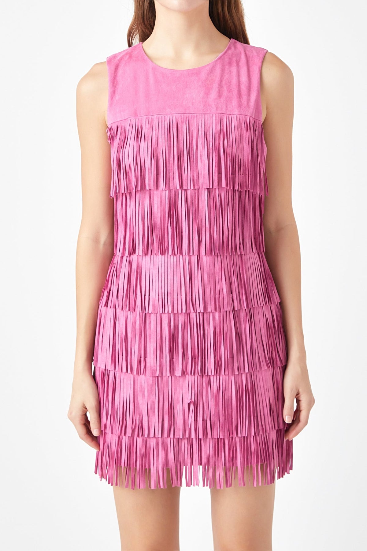 ENDLESS ROSE - Tiered Faux Suede Fringe Mini Dress - DRESSES available at Objectrare