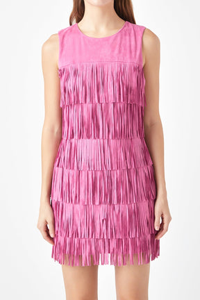 ENDLESS ROSE - Tiered Faux Suede Fringe Mini Dress - DRESSES available at Objectrare