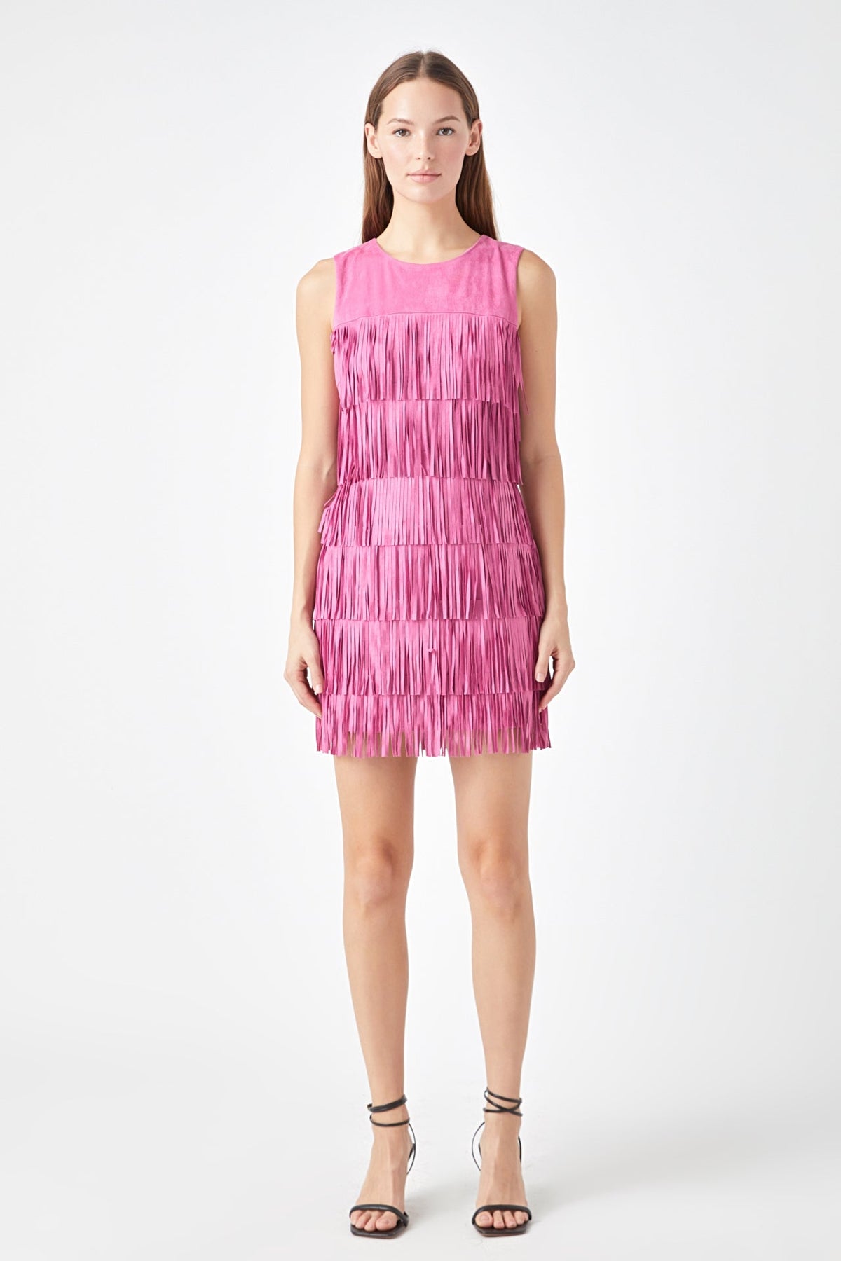 ENDLESS ROSE - Tiered Faux Suede Fringe Mini Dress - DRESSES available at Objectrare