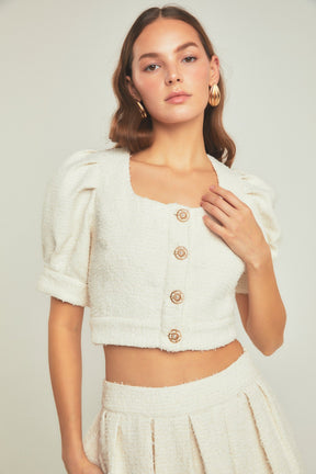 ENDLESS ROSE - Endless Rose - Premium Cropped Tweed Puff Sleeve Top - TOPS available at Objectrare