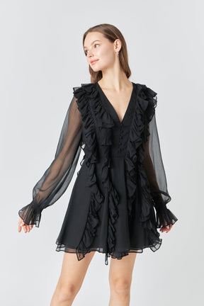 ENDLESS ROSE - Chiffon Long-Sleeve Ruffle Mini Dress - DRESSES available at Objectrare