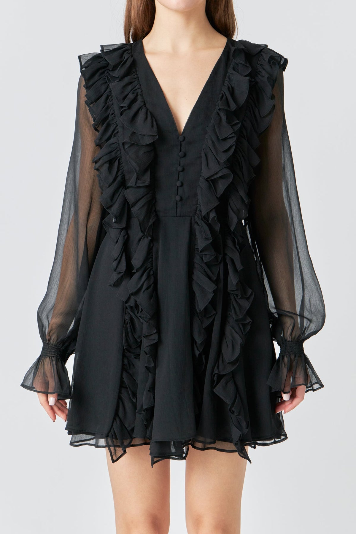 ENDLESS ROSE - Chiffon Long-Sleeve Ruffle Mini Dress - DRESSES available at Objectrare