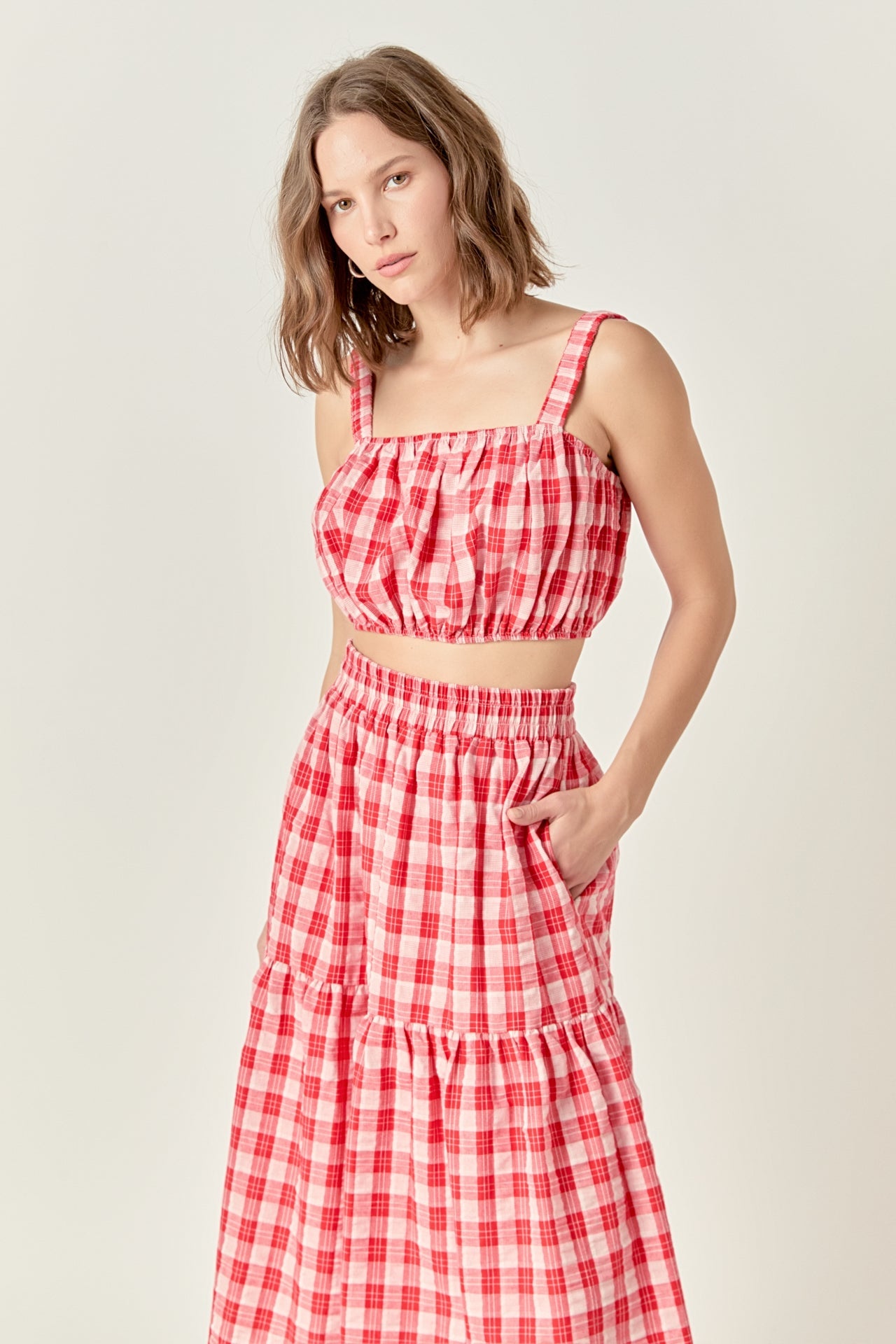Plaid Ruched Thick Strap Bandeau