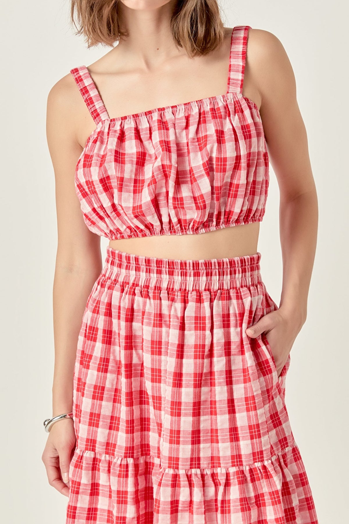 Plaid Ruched Thick Strap Bandeau