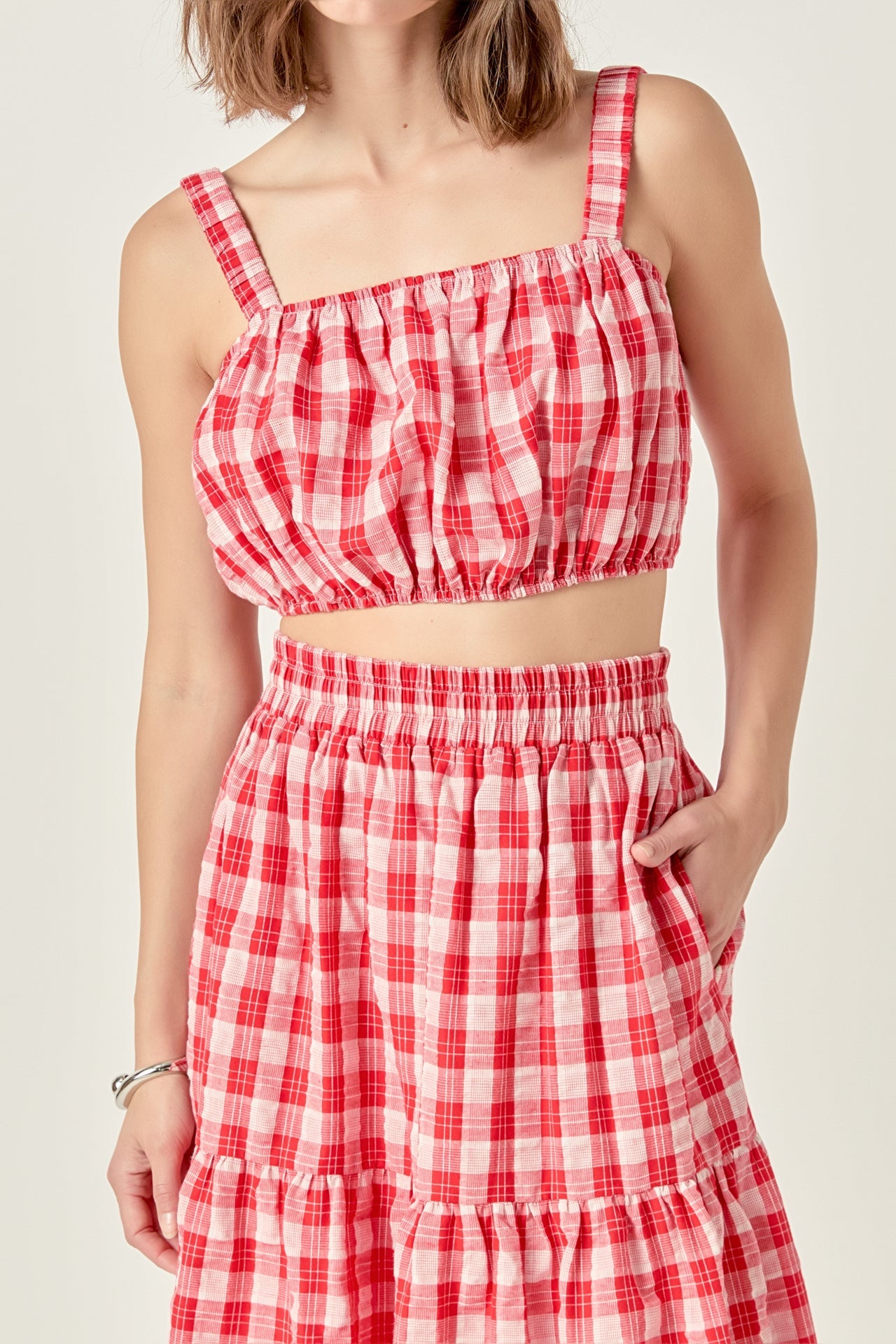 Plaid Ruched Thick Strap Bandeau