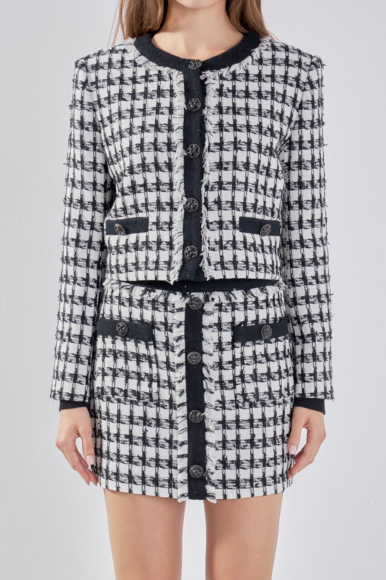 ENDLESS ROSE - Premium Cropped Tweed Jacket With Fringe - BLAZERS available at Objectrare