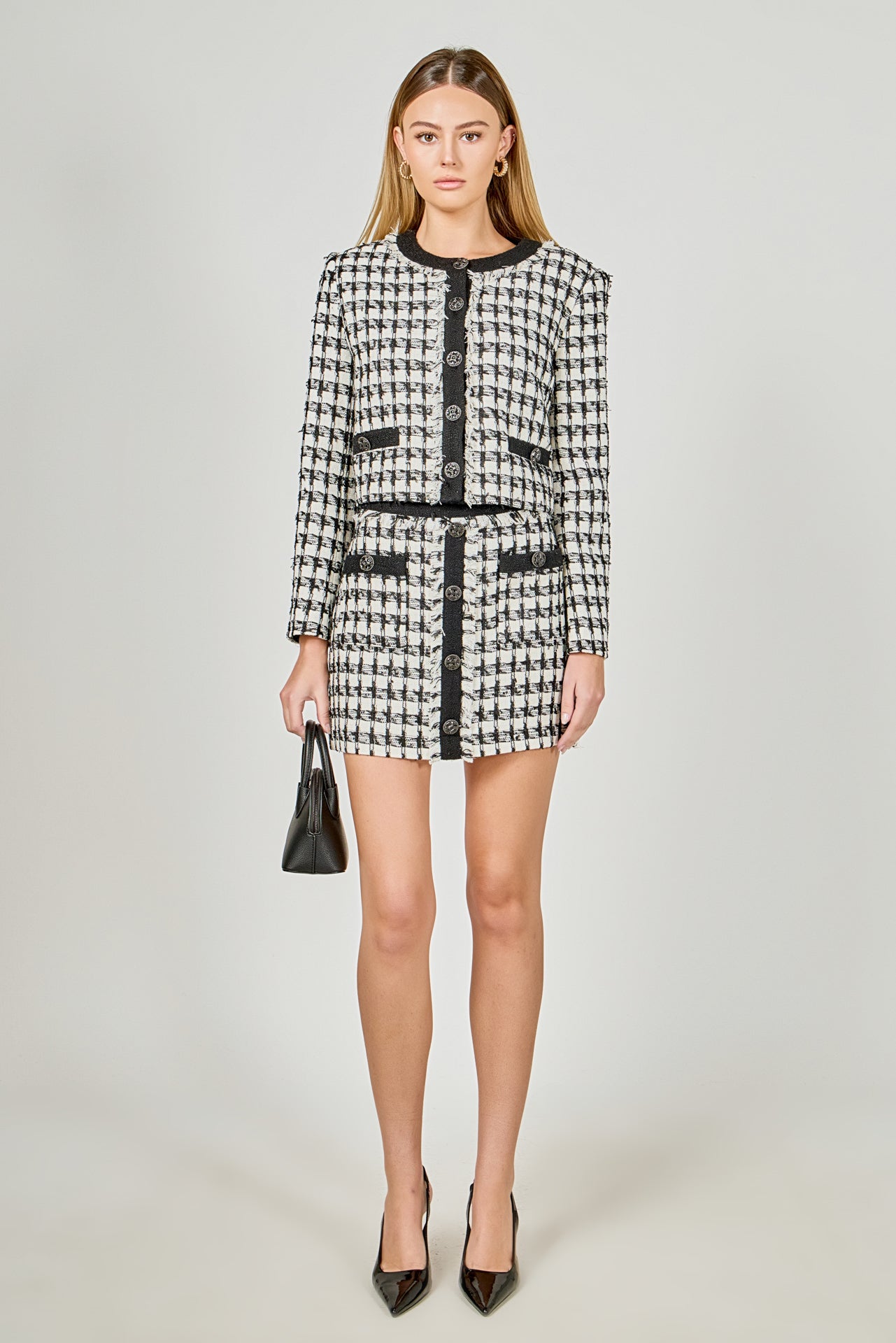 ENDLESS ROSE - Premium Tweed Mini Skirt With Fringe - SKIRTS available at Objectrare