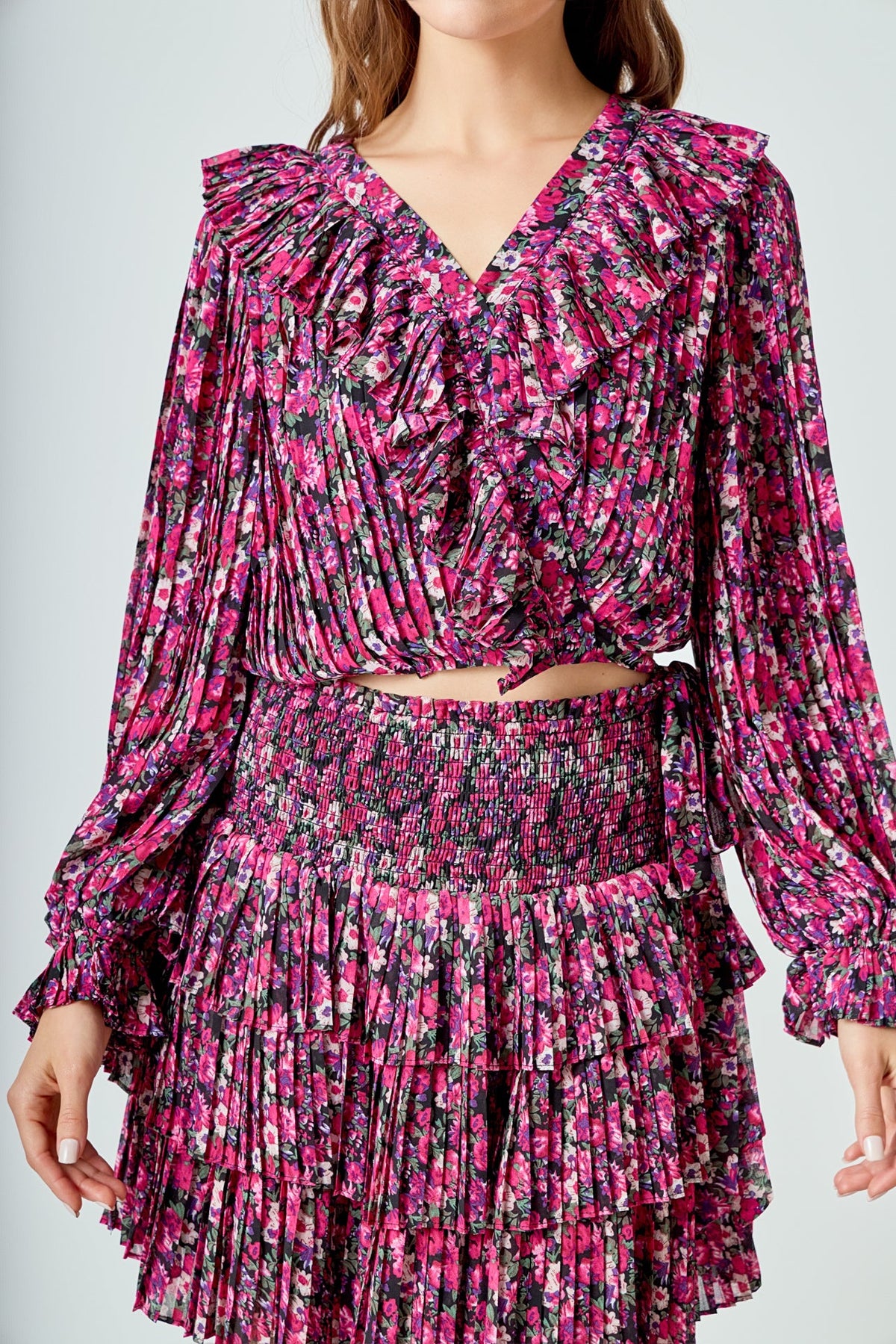 ENDLESS ROSE - Chiffon Floral Printed Ruffled Crop Top - TOPS available at Objectrare