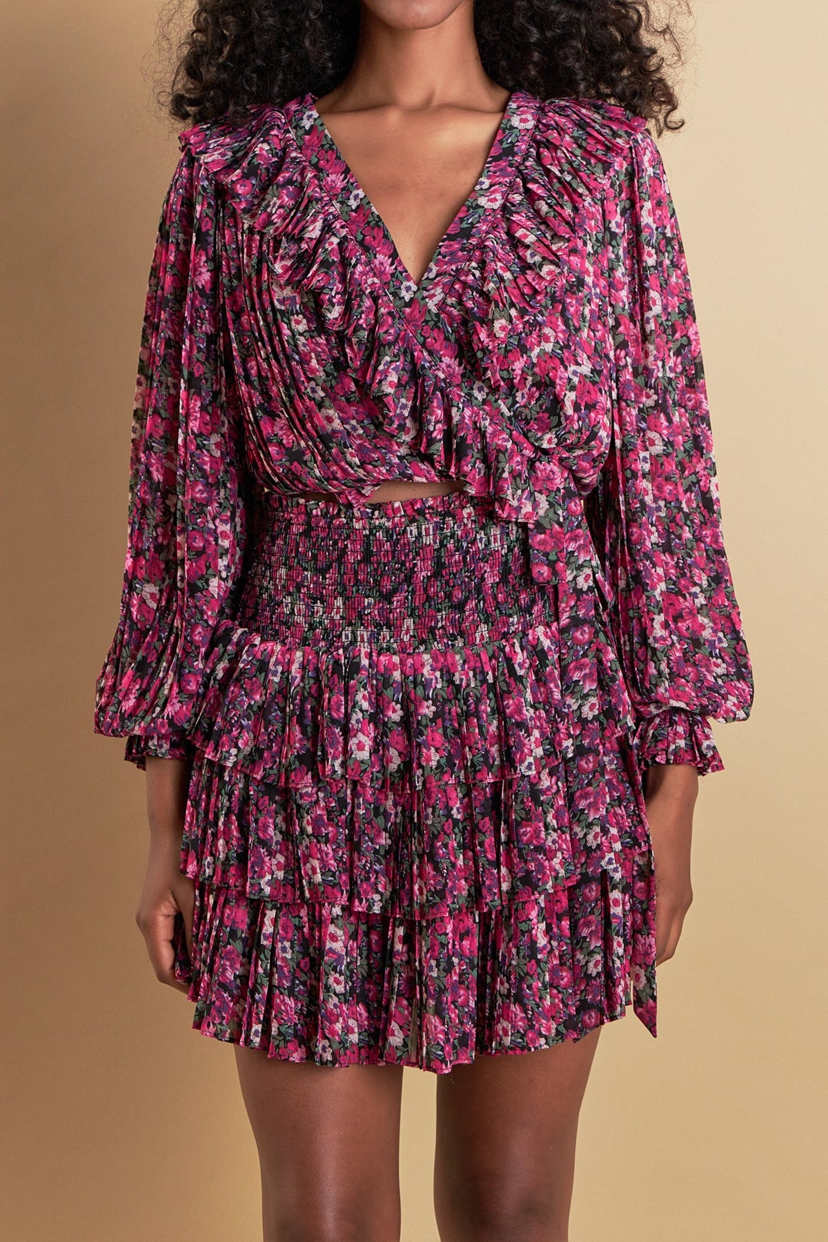 ENDLESS ROSE - Chiffon Floral Printed Ruffled Crop Top - TOPS available at Objectrare