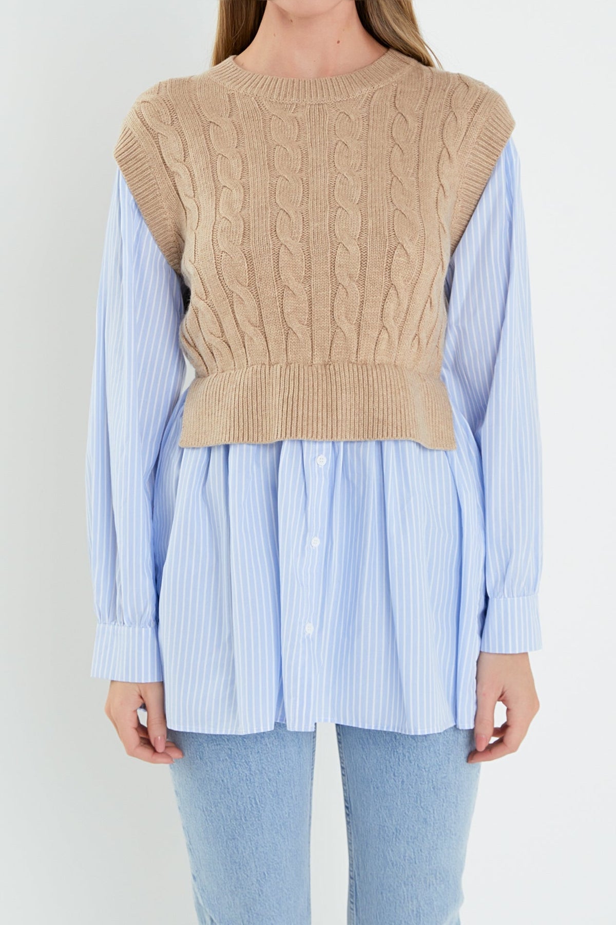 ENGLISH FACTORY - Cable Knit Long Striped Shirt - SWEATERS & KNITS available at Objectrare