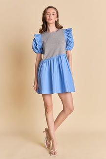 Mixed Media Puffy Short Sleeve Mini Dress