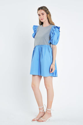 ENGLISH FACTORY - English Factory - Mixed Media Ruffle Puff Sleeve Mini Dress - DRESSES available at Objectrare