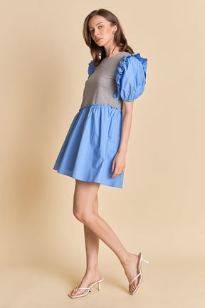 Mixed Media Puffy Short Sleeve Mini Dress