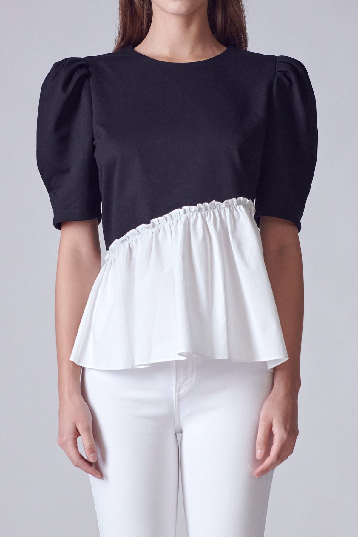 ENGLISH FACTORY - Mixed Media Peplum Contrast Top - TOPS available at Objectrare