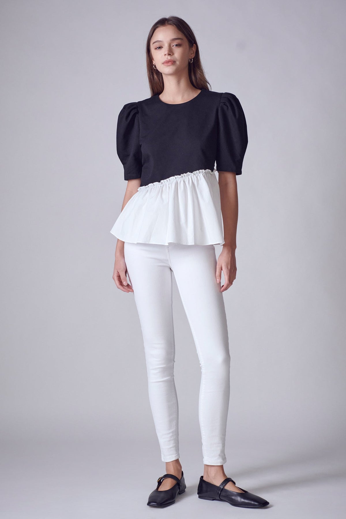 ENGLISH FACTORY - Mixed Media Peplum Contrast Top - TOPS available at Objectrare