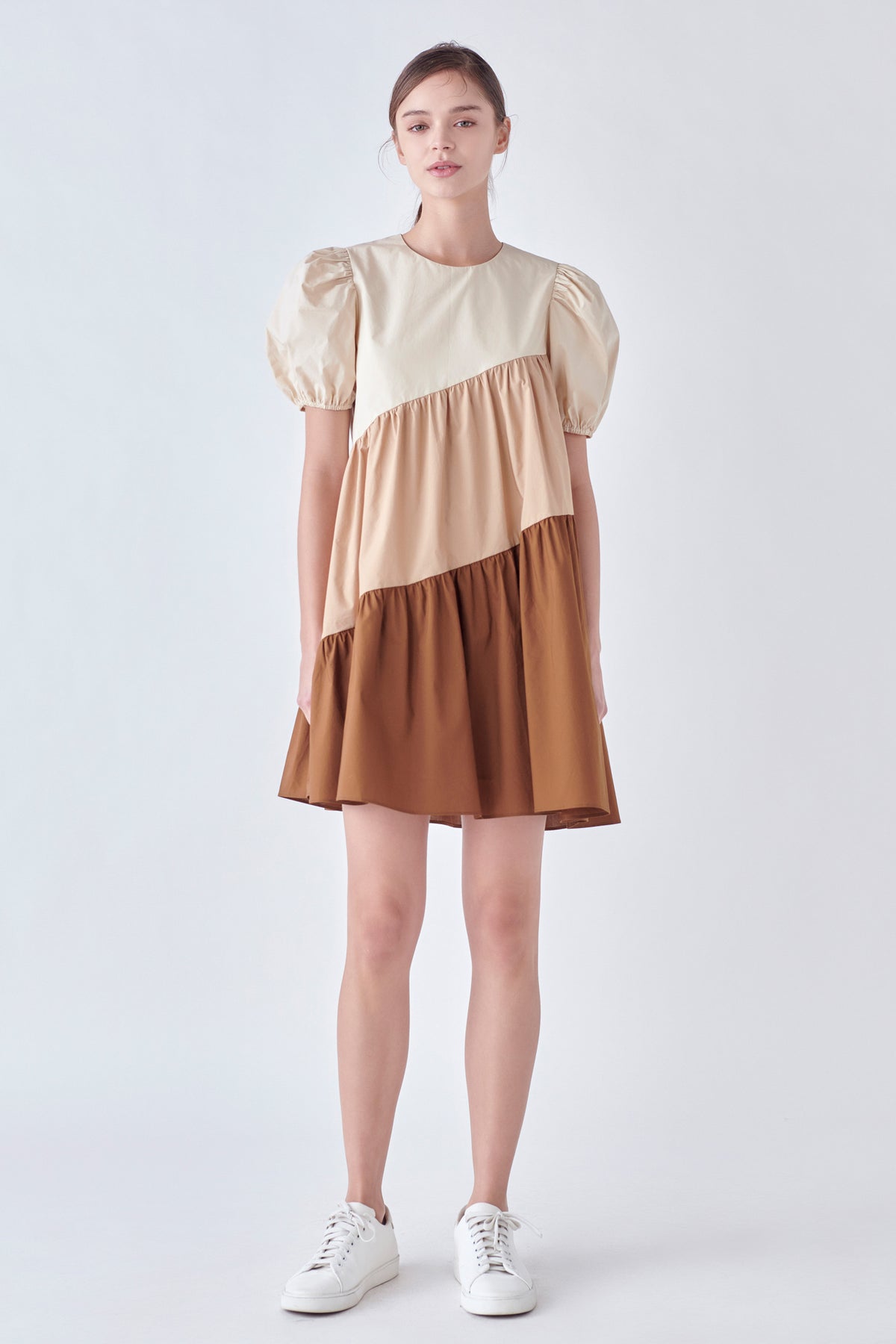 ENGLISH FACTORY - Asymmetrical Colorblock Puff Sleeve Dress - DRESSES available at Objectrare