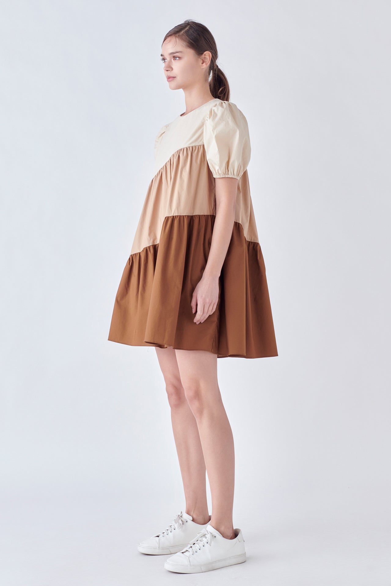 ENGLISH FACTORY - Asymmetrical Colorblock Puff Sleeve Dress - DRESSES available at Objectrare