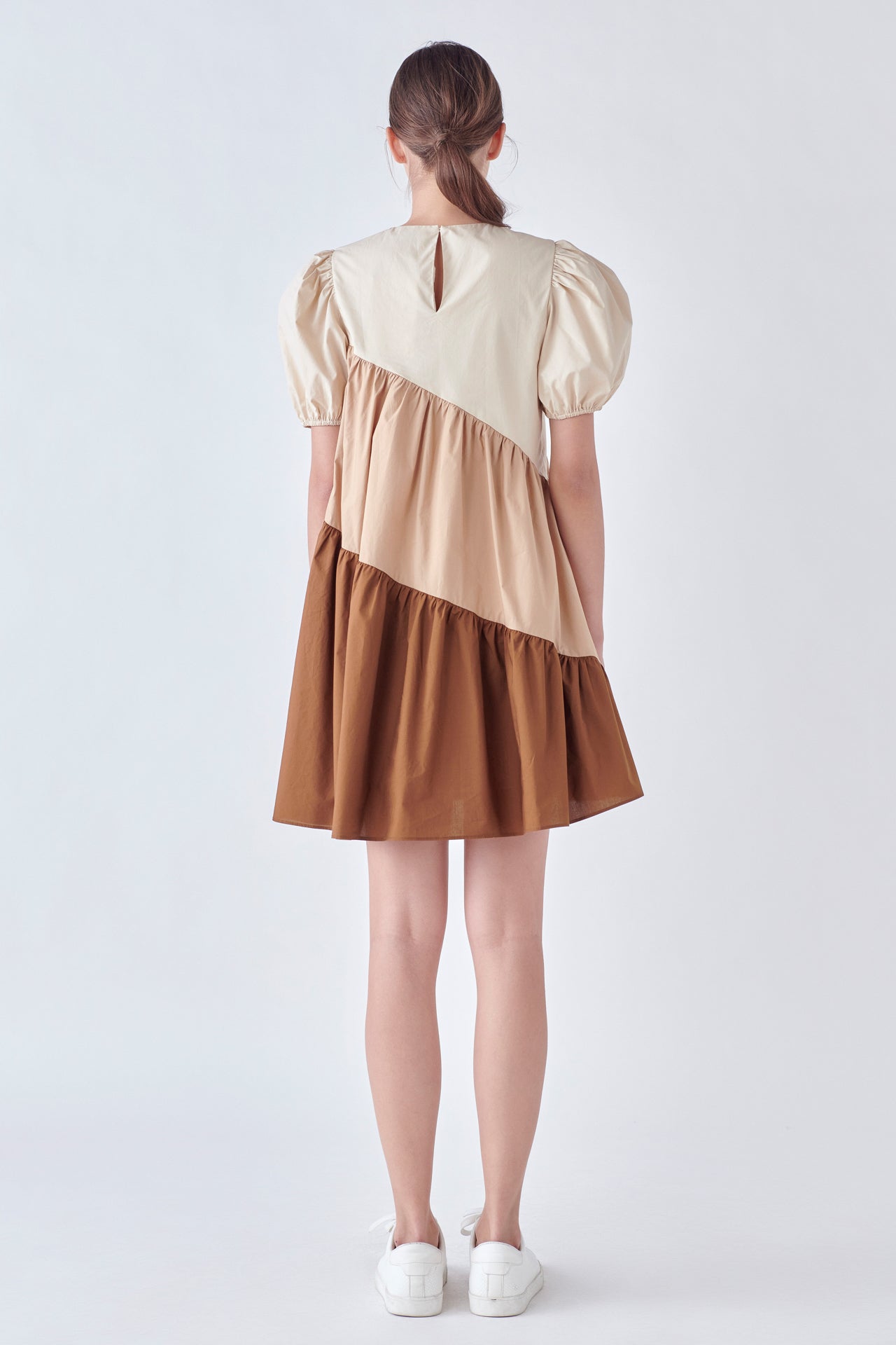 ENGLISH FACTORY - Asymmetrical Colorblock Puff Sleeve Dress - DRESSES available at Objectrare