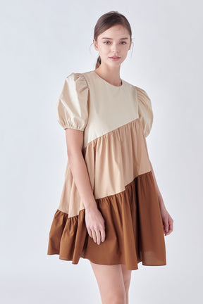ENGLISH FACTORY - Asymmetrical Colorblock Puff Sleeve Dress - DRESSES available at Objectrare