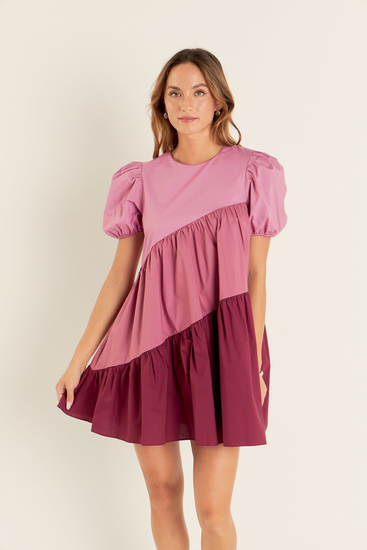 ENGLISH FACTORY - Asymmetrical Colorblock Puff Sleeve Dress - DRESSES available at Objectrare