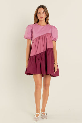 ENGLISH FACTORY - Asymmetrical Colorblock Puff Sleeve Dress - DRESSES available at Objectrare
