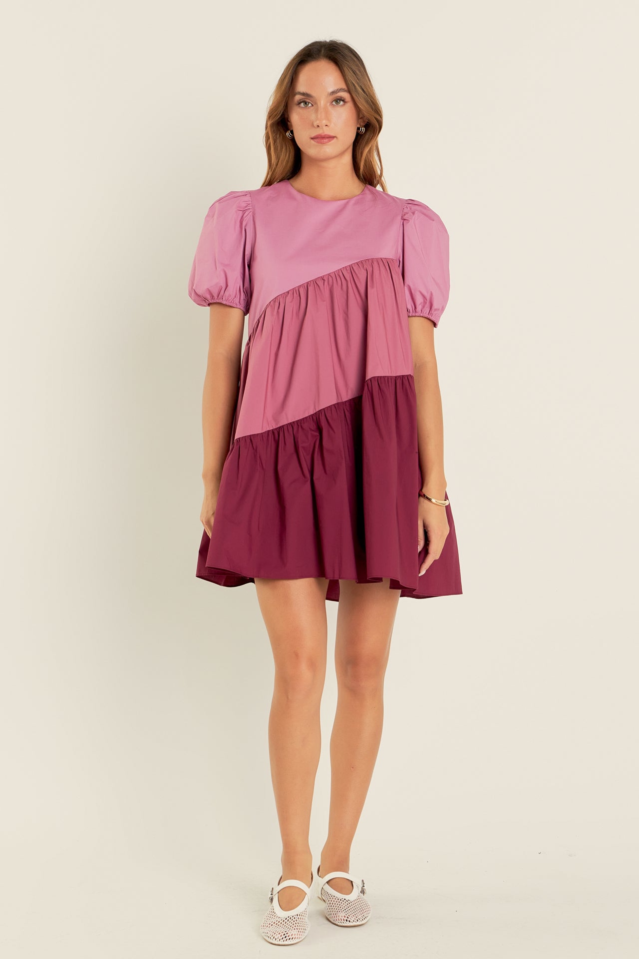ENGLISH FACTORY - Asymmetrical Colorblock Puff Sleeve Dress - DRESSES available at Objectrare
