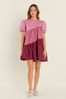 ENGLISH FACTORY - Asymmetrical Colorblock Puff Sleeve Dress - DRESSES available at Objectrare