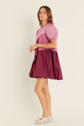 ENGLISH FACTORY - Asymmetrical Colorblock Puff Sleeve Dress - DRESSES available at Objectrare