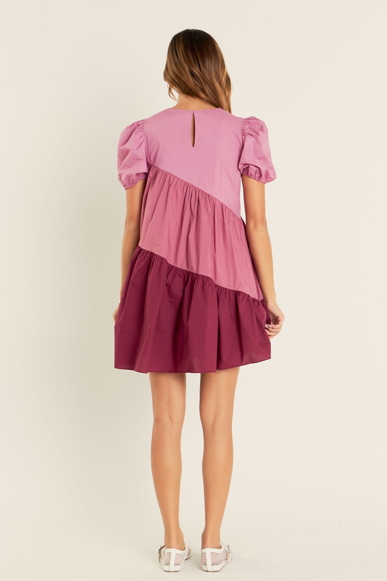 ENGLISH FACTORY - Asymmetrical Colorblock Puff Sleeve Dress - DRESSES available at Objectrare