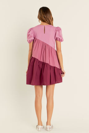 ENGLISH FACTORY - Asymmetrical Colorblock Puff Sleeve Dress - DRESSES available at Objectrare