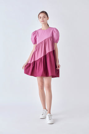ENGLISH FACTORY - Asymmetrical Colorblock Puff Sleeve Dress - DRESSES available at Objectrare